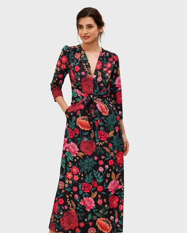 ladies-floral-dress-saffron-silk-Tie waist floral print crepe dress | Black multi