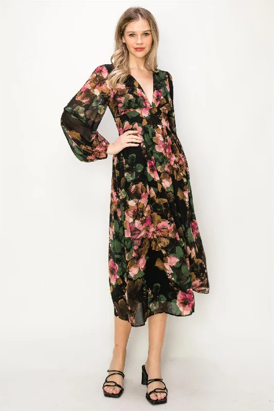 Women's floral dress glee flair -Green Chiffon Floral Long Sleeve V-Neck Maxi Dress