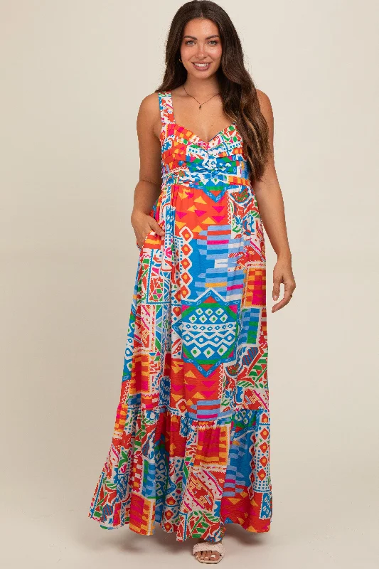 Women's floral dress night glow -Blue Multi-Color Abstract Print Tiered Maternity Maxi Dress