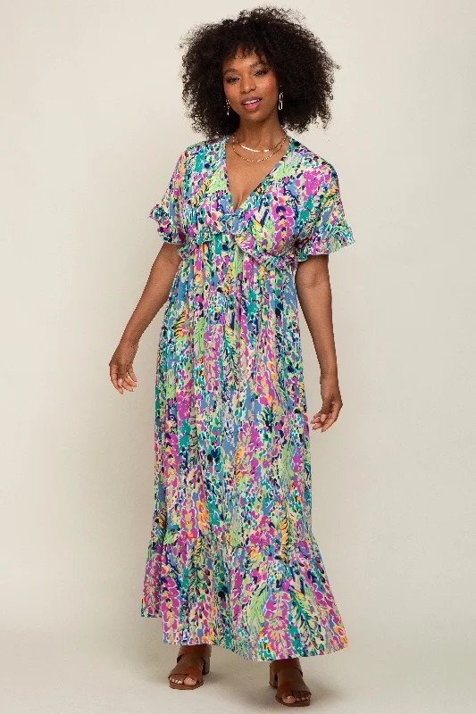 Women's floral dress maxi pop -Blue Multi-Color Floral Ruffle Maxi Dress