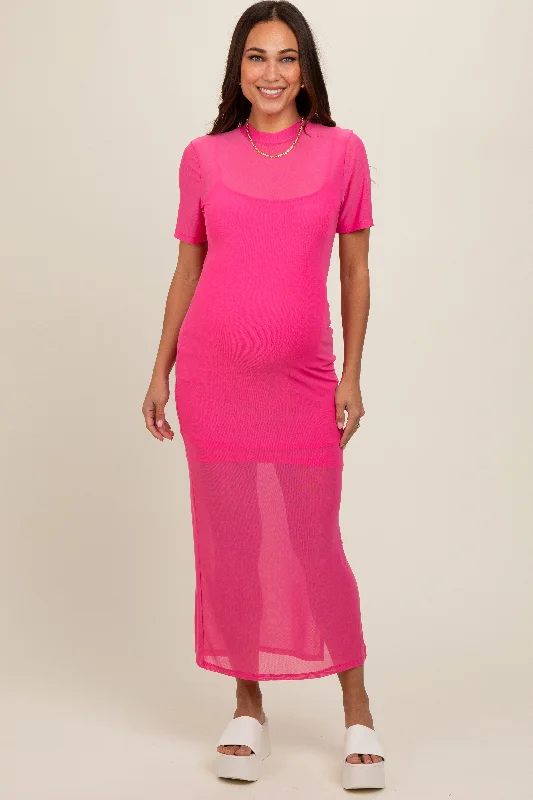 Women's floral dress flash bloom -Pink Layered Mesh Maternity Maxi Dress