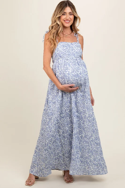 Women's floral dress reef pop -Blue Leaf Print Shoulder Strap Maternity Maxi Dress