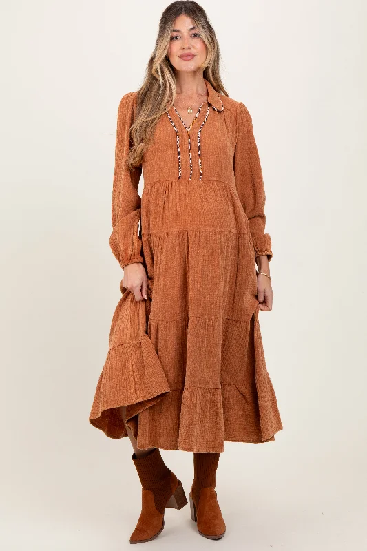 Women's midi dress glee glow -Camel Cotton Gauze Long Sleeve Tiered Maternity Midi Dress