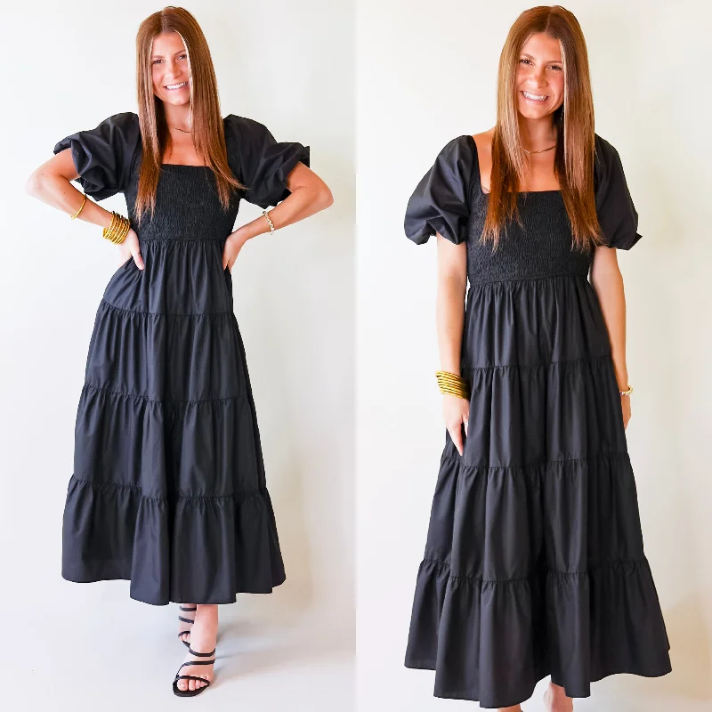 Women's floral dress wrap pop -Santorini Sunshine Short Balloon Sleeve Maxi Dress in Black