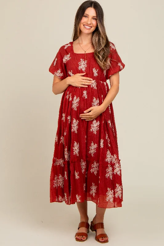 Women's midi dress buzz flair -Rust Floral Print Ruffle Hem Maternity Midi Dress