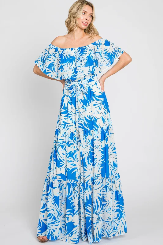 Women's floral dress brew flair -Blue Leaf Print Strapless Tiered Maxi Dress