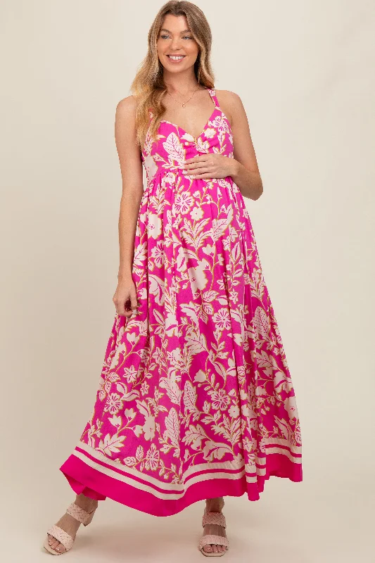 Women's floral dress maxi pop -Fuchsia Floral Cutout Back Tie Maternity Maxi Dress