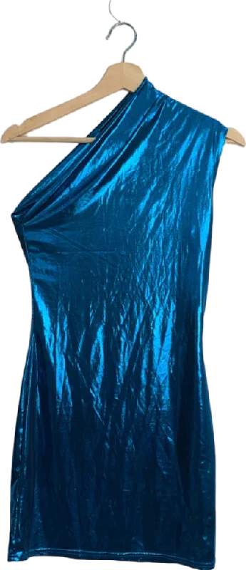 ladies-mini-dress-comfortable-cool-Unknown Brand Blue Metallic One-Shoulder Mini Dress Size Unknown