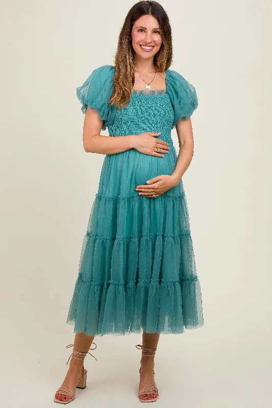 Women's midi dress snag chic -Teal Smocked Tiered Tulle Maternity Midi Dress