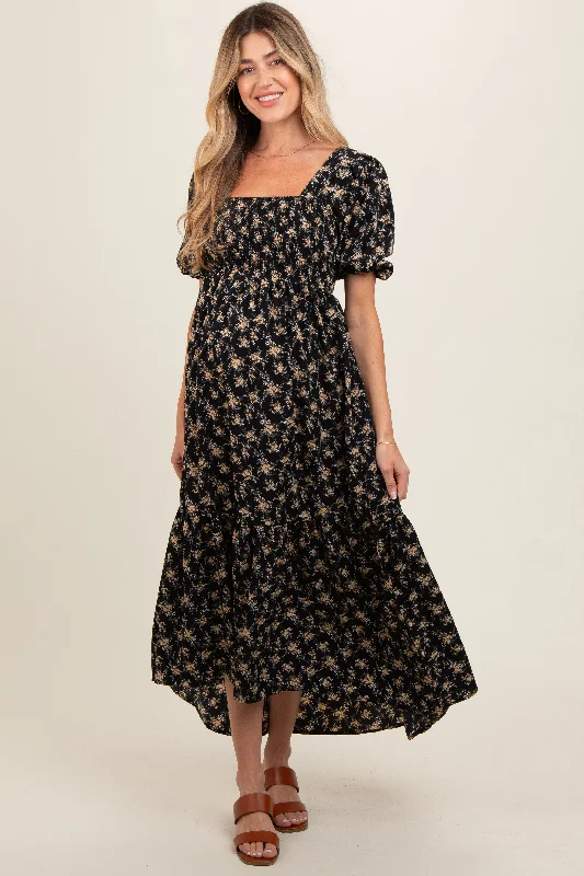 Women's midi dress frill pop -Black Floral Smocked Square Neck Short Puff Sleeve Maternity Midi Dress