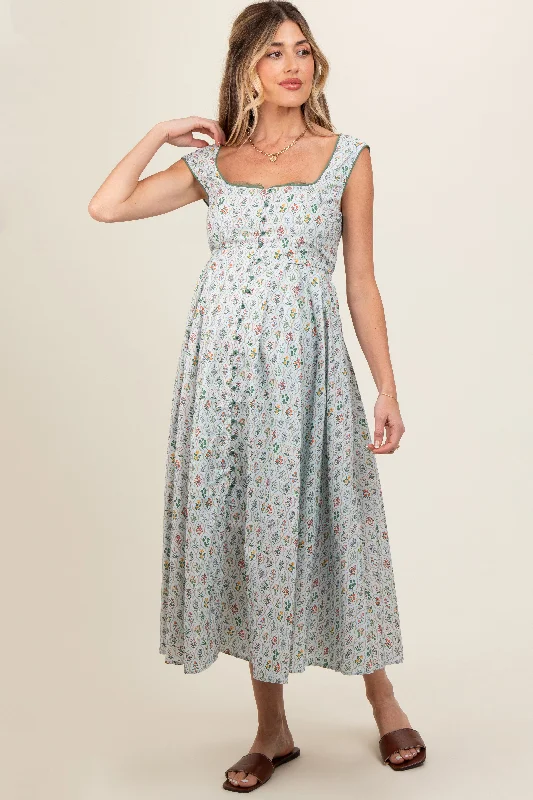 Women's floral dress dusk bloom -Light Blue Floral Button Front Sleeveless Maternity Maxi Dress