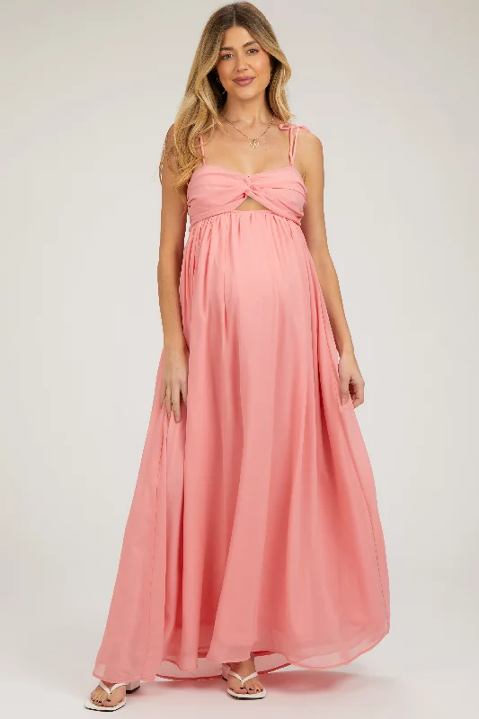 Women's floral dress spark chic -Peach Chiffon Sleeveless Cutout Front Maternity Maxi Dress