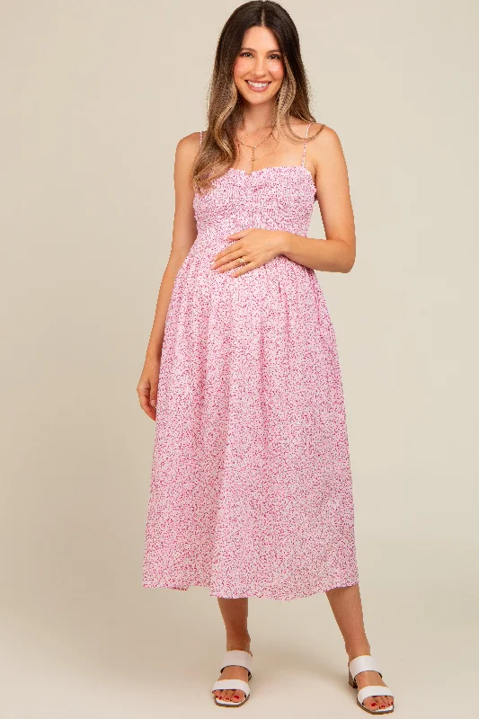 Women's midi dress cinch chic -Pink Printed Smocked Maternity Midi Dress