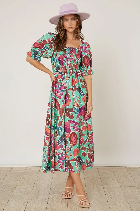 Women's floral dress snap bloom -Mint Green Floral Puff Sleeve Maxi Dress