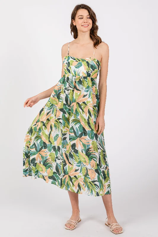 Women's midi dress flex glow -Green Leaf Print Open Back Midi Dress