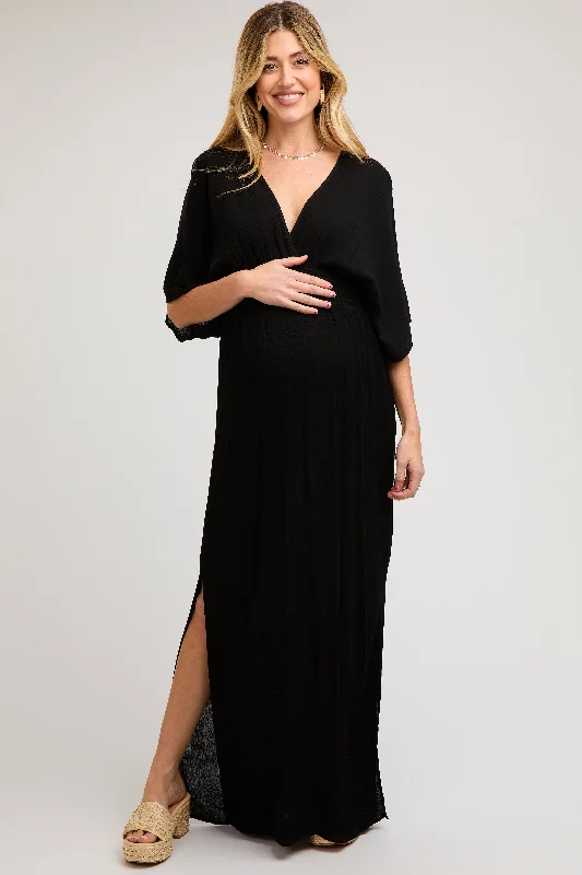 Women's floral dress nip glow -Black Lightweight Deep V-Neck Maternity Maxi Dress