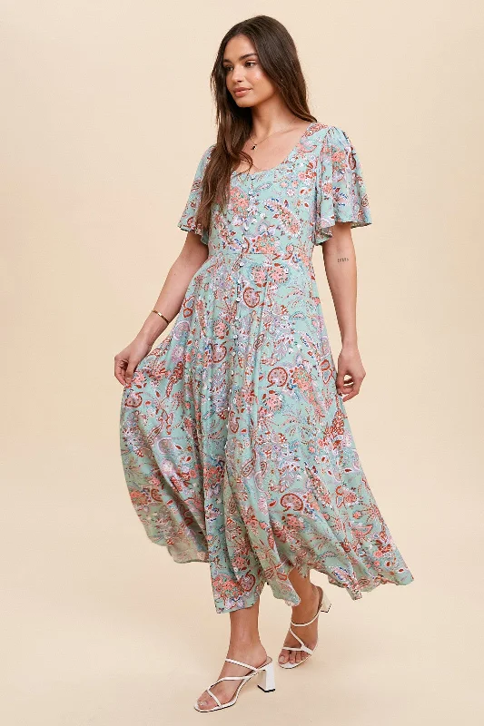 Women's floral dress gem glow -Mint Green Floral Button Front Short Flutter Sleeve Maxi Dress