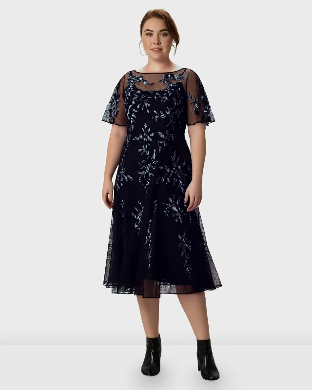 ladies-floral-dress-meadow-mist-Floral Embroidery Tulle A-Line Dress | Black