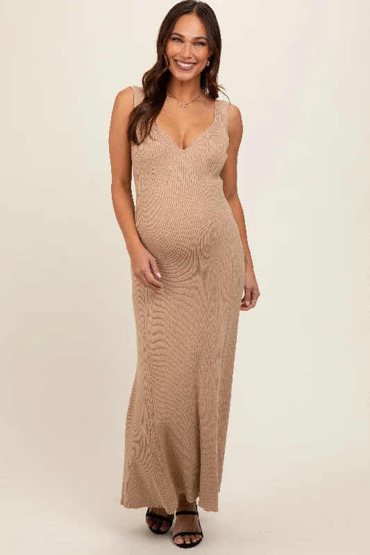 Women's floral dress box pop -Beige Knit Deep V-Neck Maternity Maxi Dress