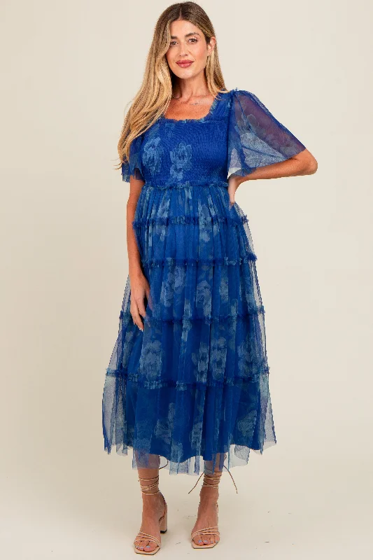 Women's floral dress fuzz bloom -Blue Floral Smocked Tulle Maternity Maxi Dress