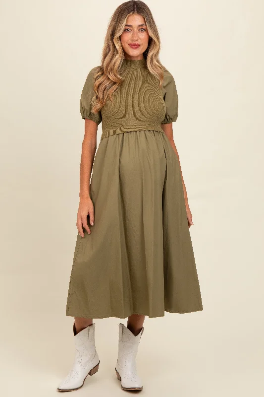 Women's midi dress dine flair -Olive Contrast Knit Bodice Maternity Midi Dress