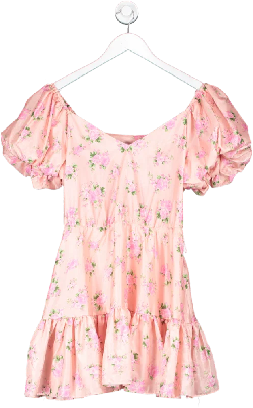 ladies-mini-dress-comfortable-cool-loveshackfancy Pink Satin Puff Sleeve Tiered Mini Dress UK M