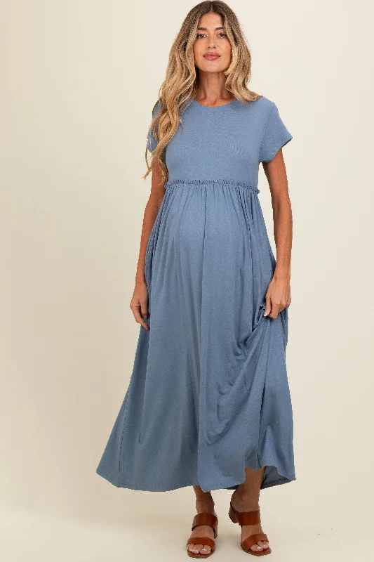 Women's floral dress muse glow -Blue Ruffle Trim Maternity Maxi Dress