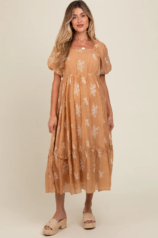 Women's floral dress desk flair -Camel Floral Print Ruffle Hem Maternity Maxi Dress