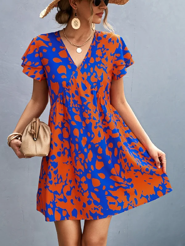 ladies-mini-dress-fitted-fun-Ruffled Printed V-Neck Short Sleeve Mini Dress in Orange-Red