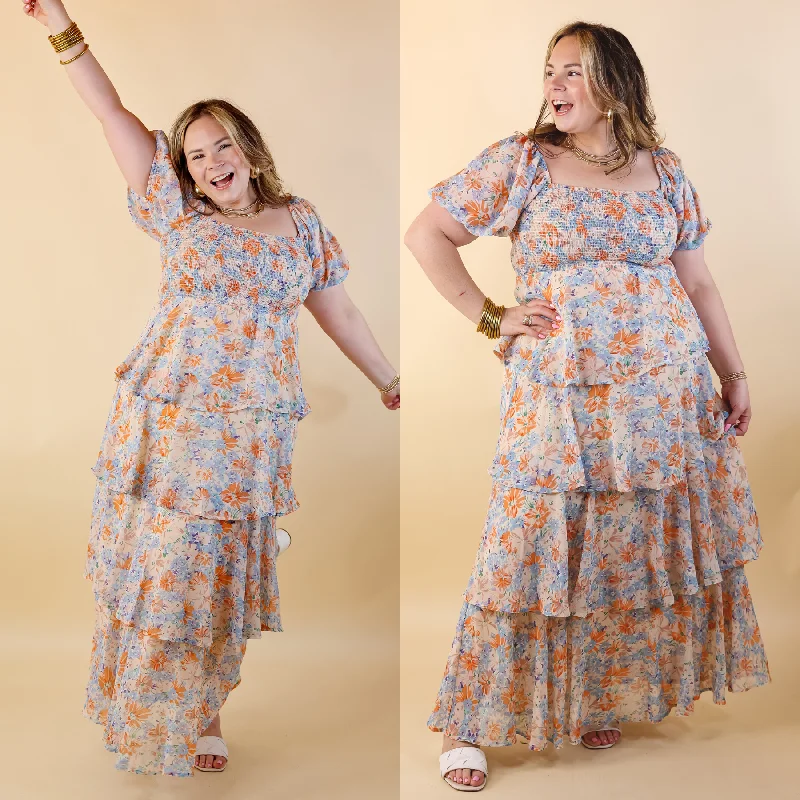 Women's floral dress glee flair -Fun Feeling Floral Tiered Maxi Dress with Smocked Balloon Sleeves in Orange Mix