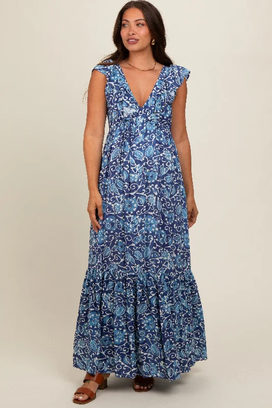 Women's floral dress rust flair -Blue Abstract Floral Ruffle Accent Maternity Maxi Dress