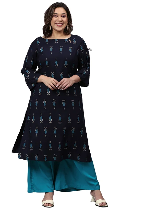 ladies-floral-dress-color-charm-Floral Motif Kurta Set | Navy