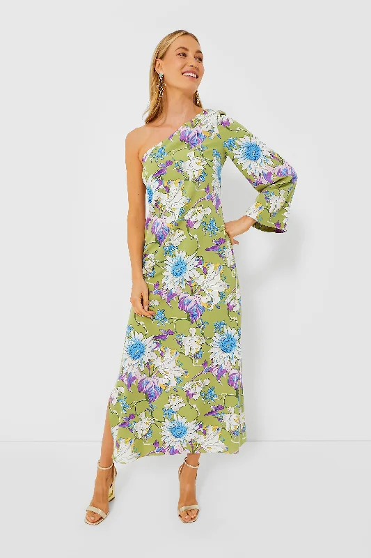 ladies-floral-dress-structured-sprout-Green Floral One Shoulder Odelia Maxi Dress