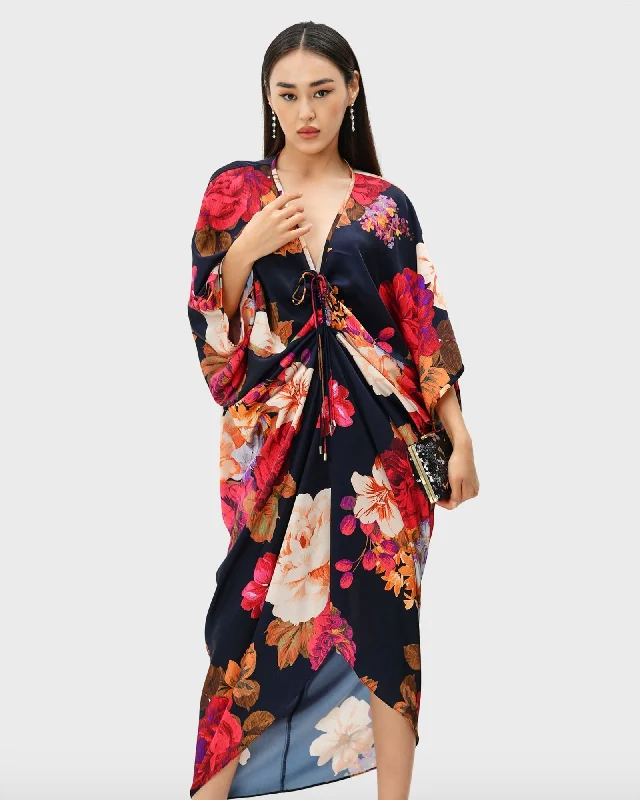 ladies-floral-dress-berry-bloom-Ruched front floral print satin kaftan | Deep navy multi