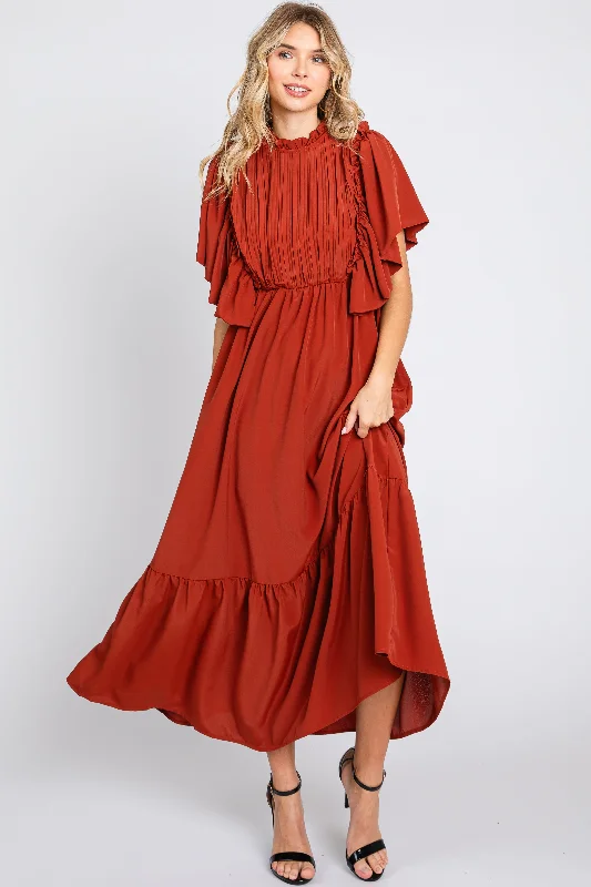 Women's floral dress hush glow -Rust Ruffle Pleated Maxi Dress