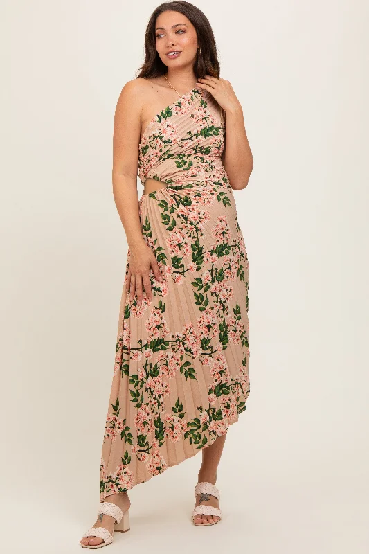 Women's floral dress brisk chic -Taupe Floral One Shoulder Pleated Asymmetrical Maternity Maxi Dress