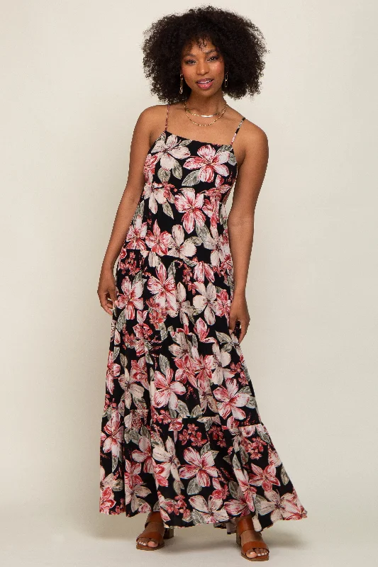 Women's floral dress brew flair -Black Floral Square Neck Tiered Maxi Dress