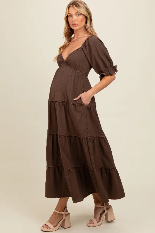 Women's floral dress bloom chic -Brown Deep V-Neck Tiered Maternity Maxi Dress