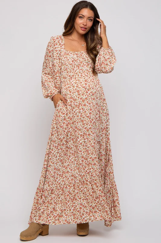 Women's floral dress night flair -Cream Floral Square Neck Ruffle Maternity Maxi Dress