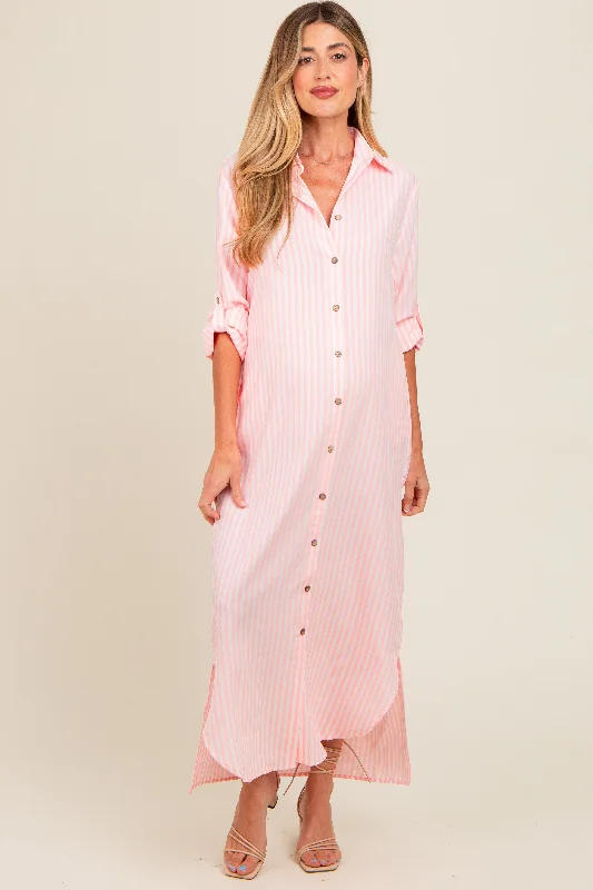 Women's floral dress twirl pop -Pink Striped Button Down Maternity Maxi Dress