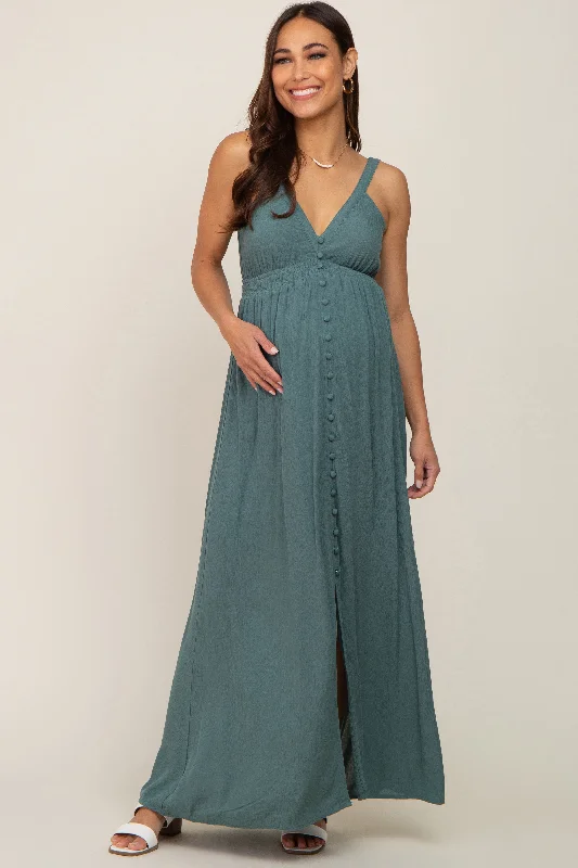 Women's floral dress star pop -Teal Button Front Accent Maternity Maxi Dress