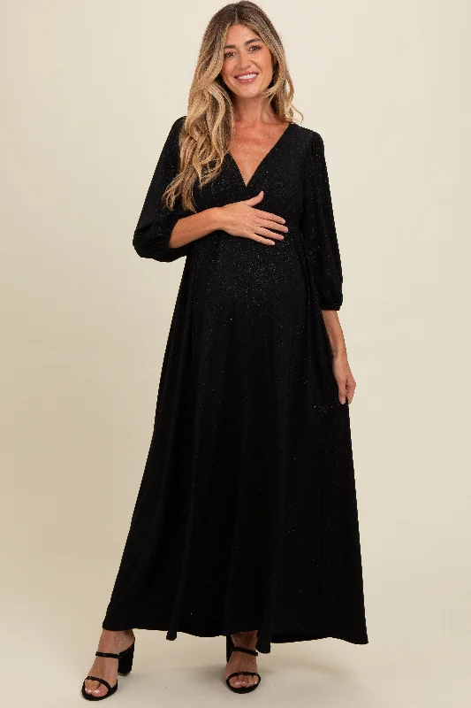 Women's floral dress bell flair -Black Glitter V-Neck Maternity Maxi Dress