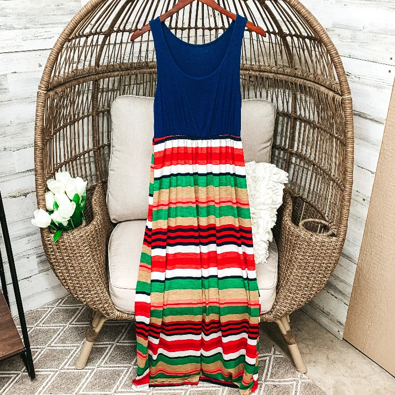 Women's floral dress grid flair -Navy Blue Tank Maxi Dress in Multicolor Stripe Pattern