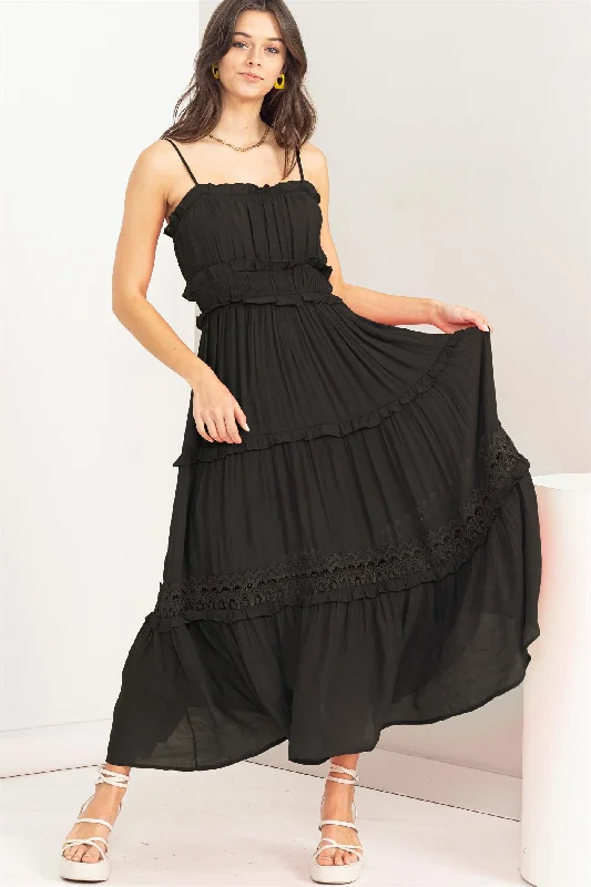 Women's floral dress feast pop -Black Ruffle Tiered Maxi Dress