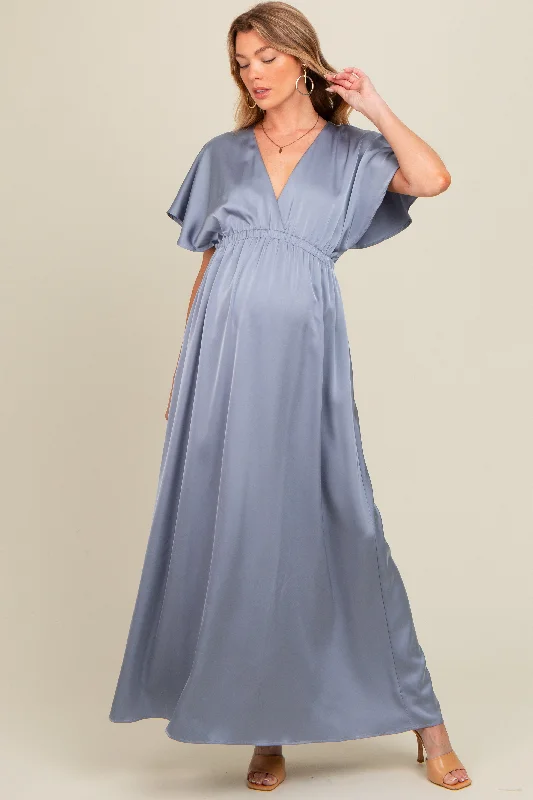 Women's floral dress weave chic -Grey Satin V-Neck Flutter Short Sleeve Maternity Maxi Dress