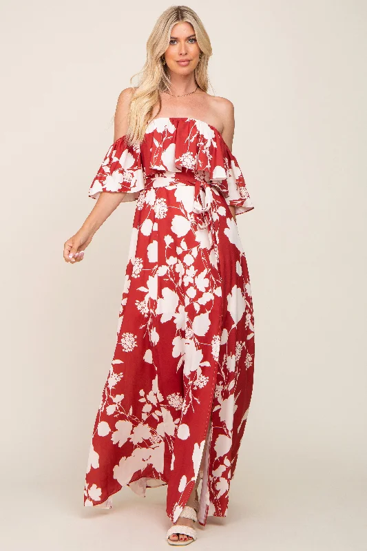 Women's floral dress fold glow -Rust Floral Overlay Off-Shoulder Side Slit Maxi Dress