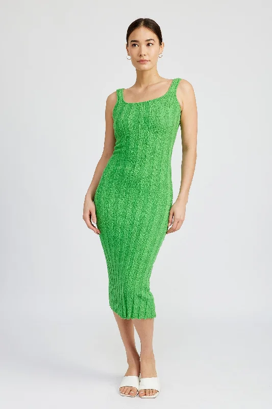 Women's midi dress era pop -Green Wide Rib Knit Midi Dress