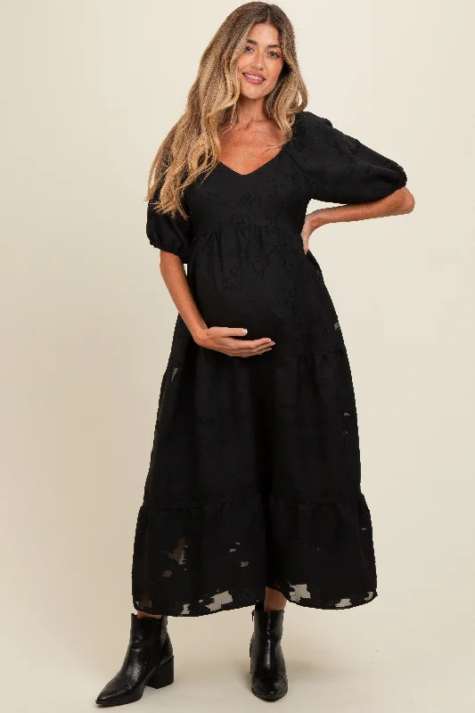 Women's midi dress frill glow -Black Floral Textured Tiered Midi Maternity Dress