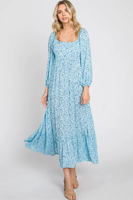 Women's midi dress dine glow -Blue Floral Square Neck 3/4 Sleeve Midi Dress