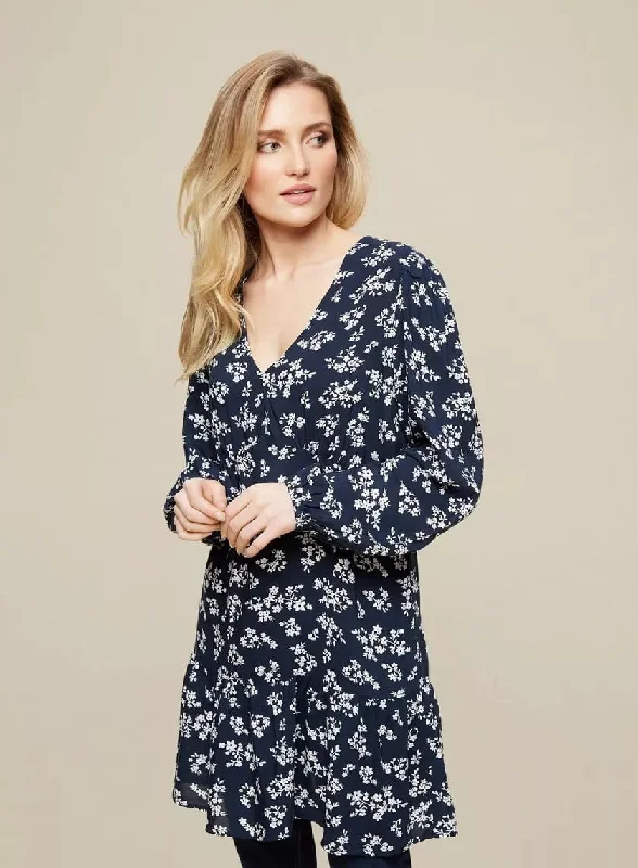 ladies-floral-dress-silver-sweep-Navy Floral Print Tunic Dress